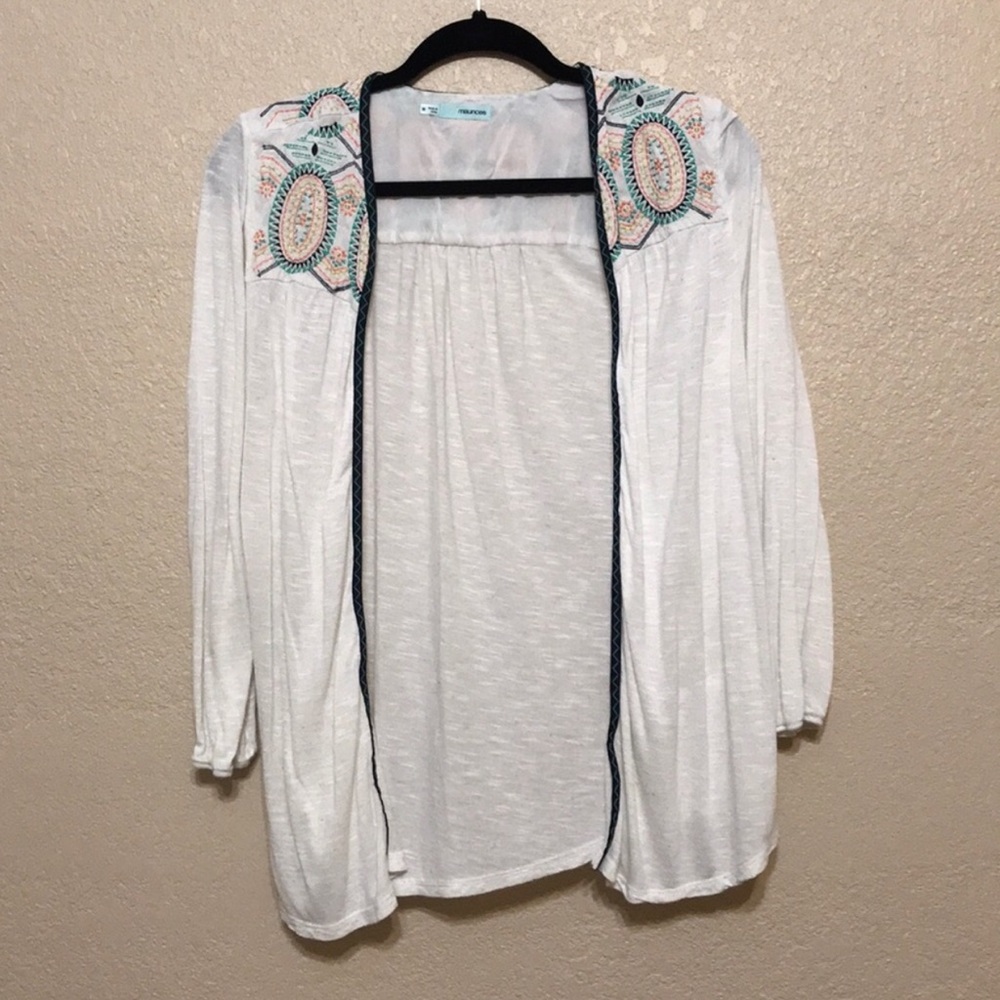 Light Cardigan with Navy Embroidered Boho Trim